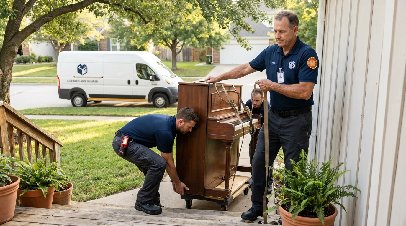 Licensed piano movers securing grand piano in New York City, NY
