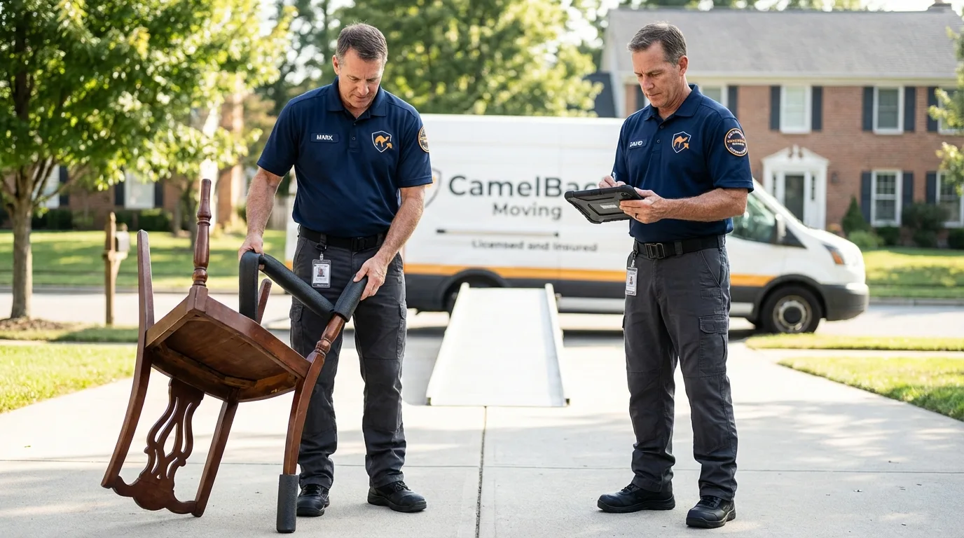 Movers inspecting furniture for damage prevention before loading in New York City, NY