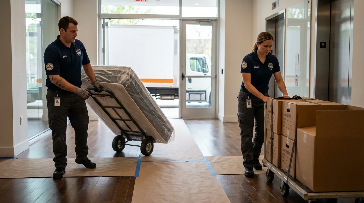 Professional apartment movers loading elevator in New York City, NY
