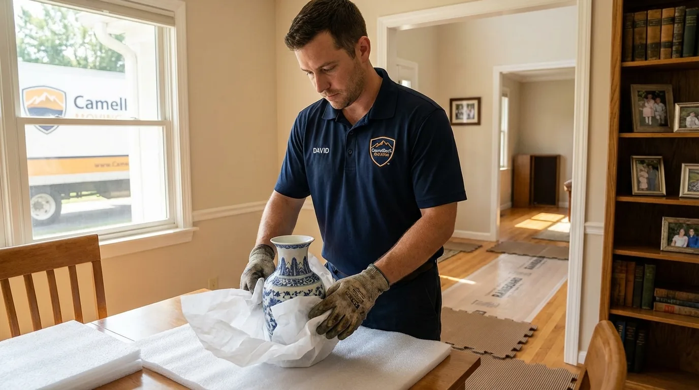 Professional crew carefully wrapping antique vase for senior downsizing move in New York City, NY